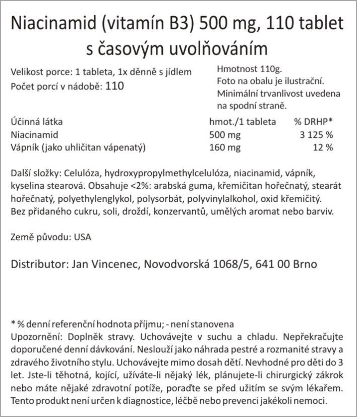 Niacinamid (vitamín B3) 500 mg, 110 tablet s časovým uvolňováním