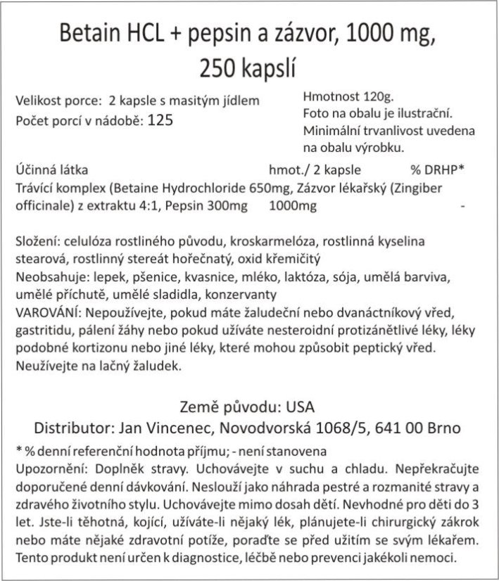 Betain HCL + pepsin a zázvor, 1000 mg, 250 kapslí