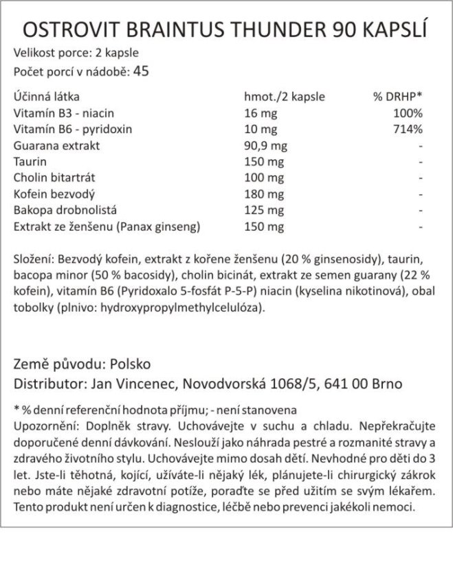 Kofein - Braintus Thunder 90 kapslí, VÝKON, KONCENTRACE, RELAXACE