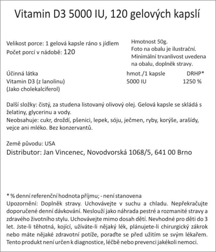 Vitamin D3 5000 IU, 120 gelových kapslí