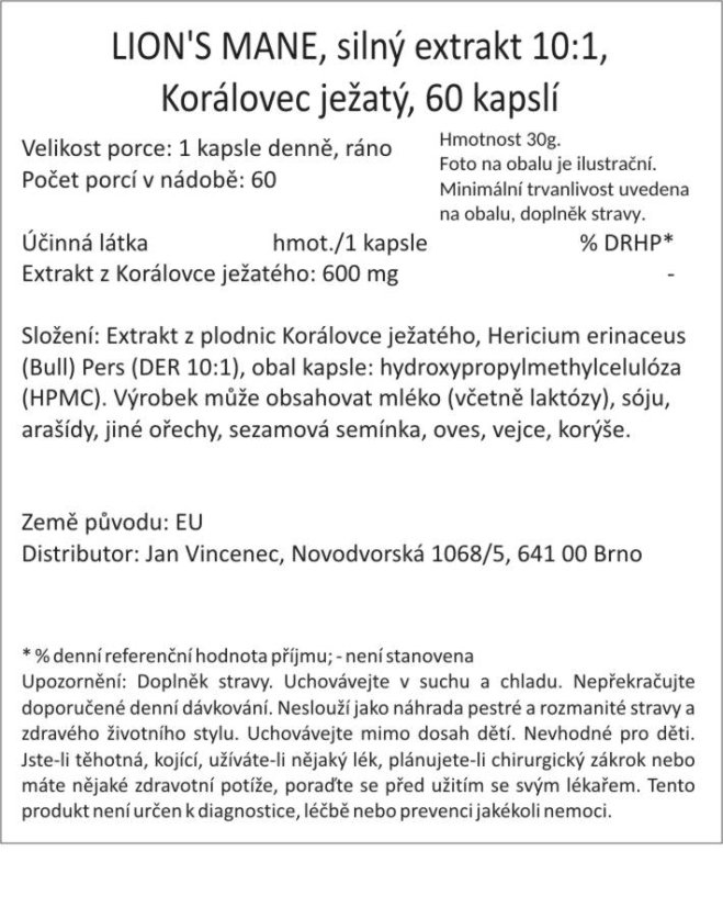 LION'S MANE, silný extrakt 10:1, Korálovec ježatý, 60 kapslí