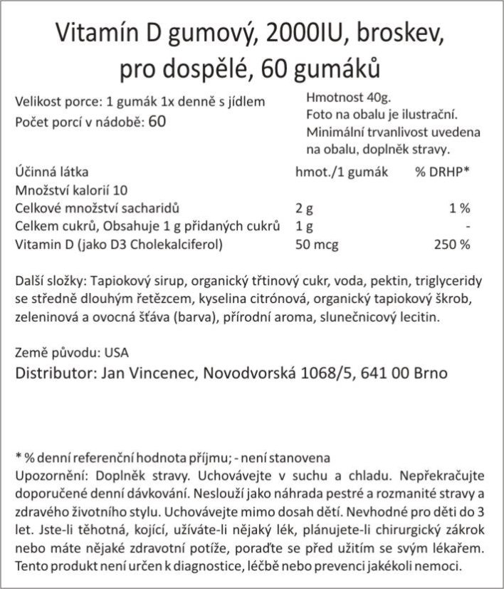 Vitamín D3 gumový, 2000IU, broskev, pro dospělé, 60 gumáků