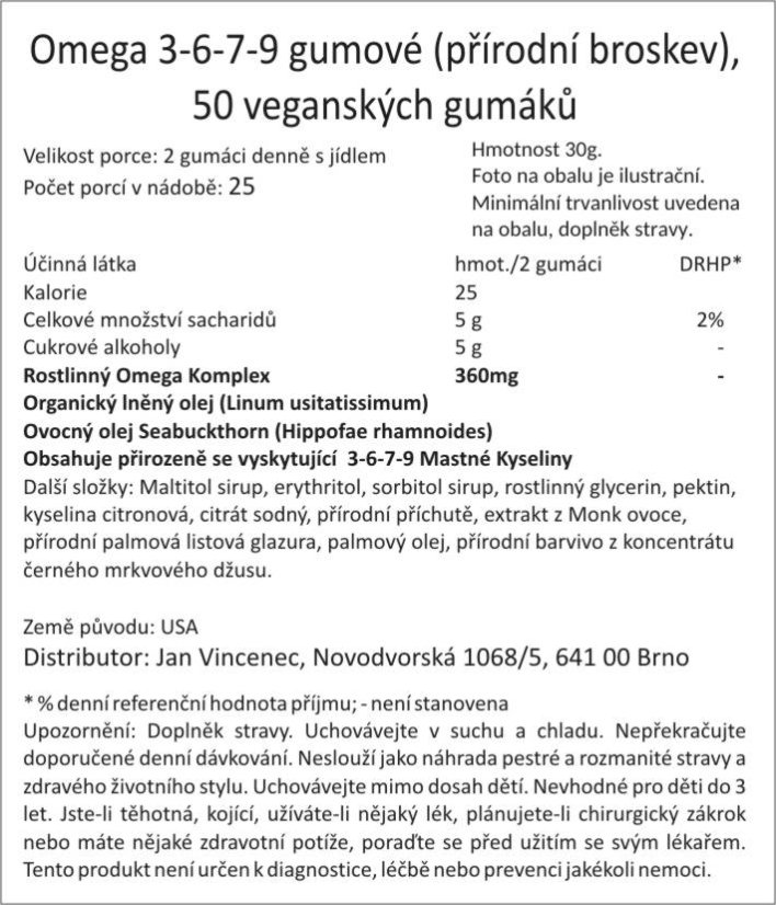 Omega 3-6-7-9 gumové (přírodní broskev), 50 veganských gumáků