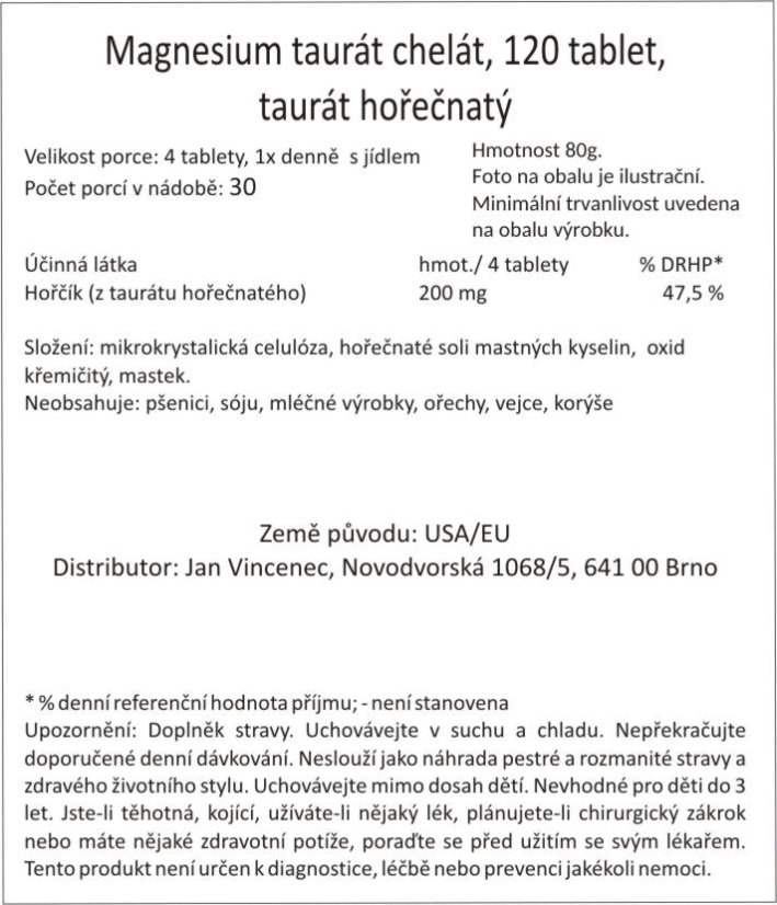 Magnesium taurát chelát, 120 tablet, taurát hořečnatý