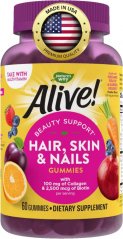 Alive! Vlasy, pokožka a nehty, gumový kolagen a biotin, jahoda, 60 gumáků