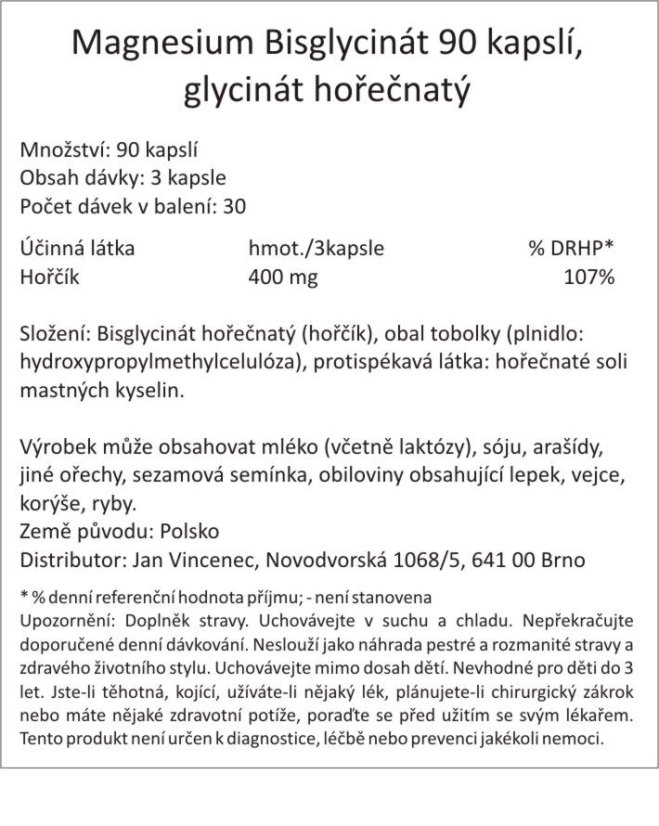 Magnesium Bisglycinát 90 kapslí, glycinát hořečnatý