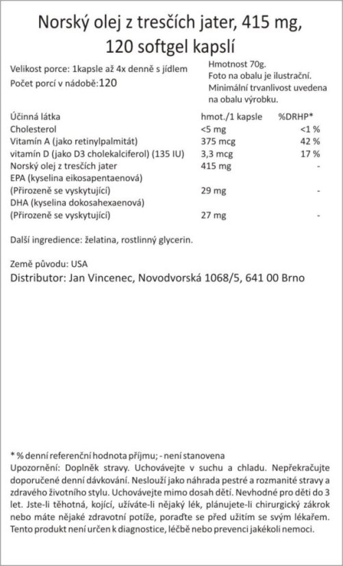 Norský olej z tresčích jater, 415 mg, 120 softgel kapslí