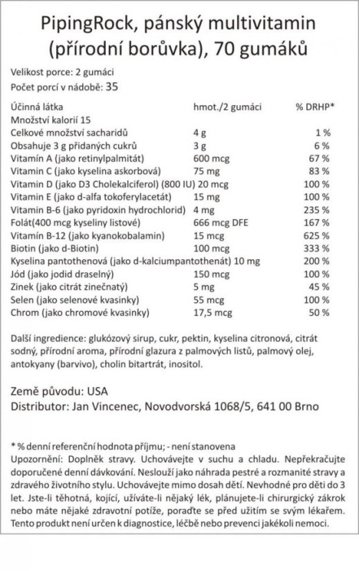 Gumový multivitamin pro muže (přírodní borůvka) + D3, B12 a zinek, 70 gumáků