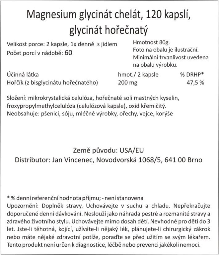 Magnesium glycinát chelát, 120 kapslí, glycinát hořečnatý