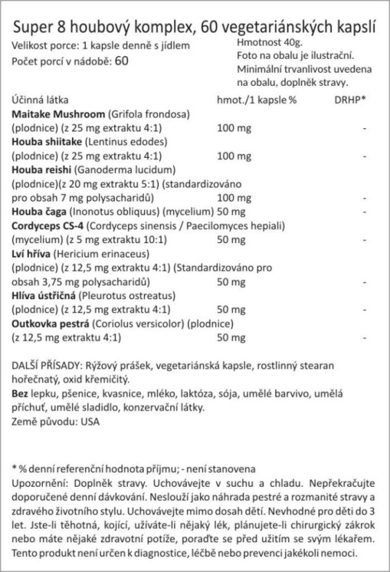 Reishi, Cordyceps, Chaga, Lion’s Mane, Shiitake, Maitake, Hlíva,  60 vegetariánských kapslí