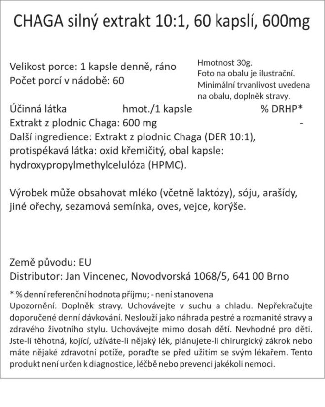 CHAGA silný extrakt 10:1, 60 kapslí, 600mg