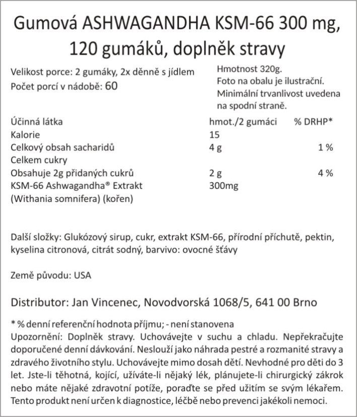 Gumová ASHWAGANDHA KSM-66 300 mg, 120 gumáků, lahodná třešeň