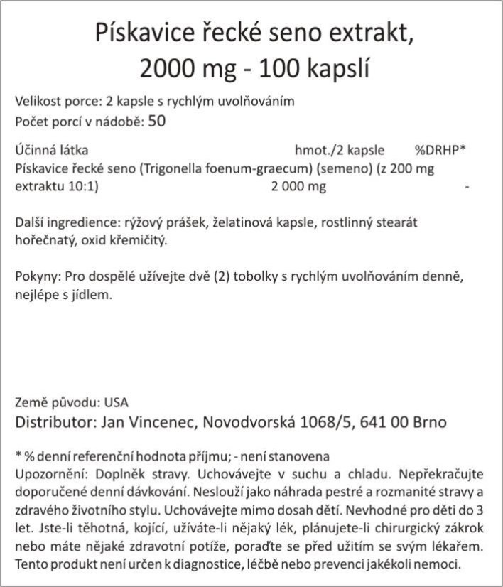Pískavice řecké seno extrakt - Fenugreek, 2000 mg - 100 kapslí