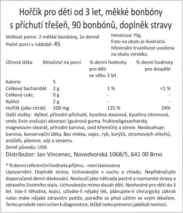 Gumový hořčík/magnesium pro děti od 3 let, měkké bonbóny s třešňovou příchutí, 90 měkkých bonbónů