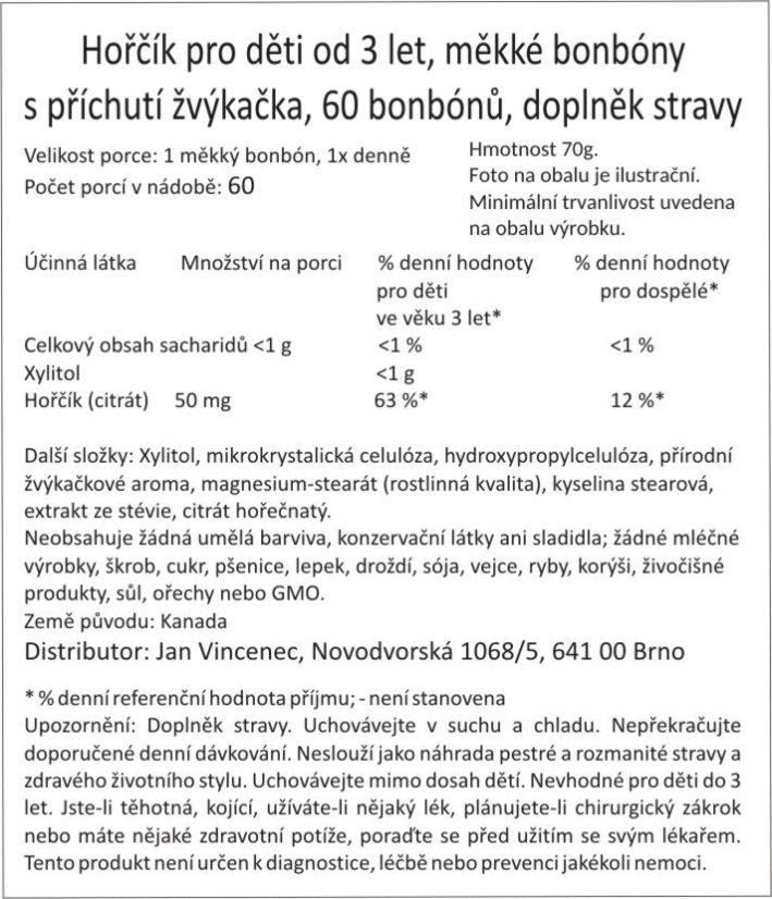 Gumový hořčík/magnesium pro děti od 3 let, měkké bonbóny s příchutí žvýkačky, 60 měkkých bonbónů