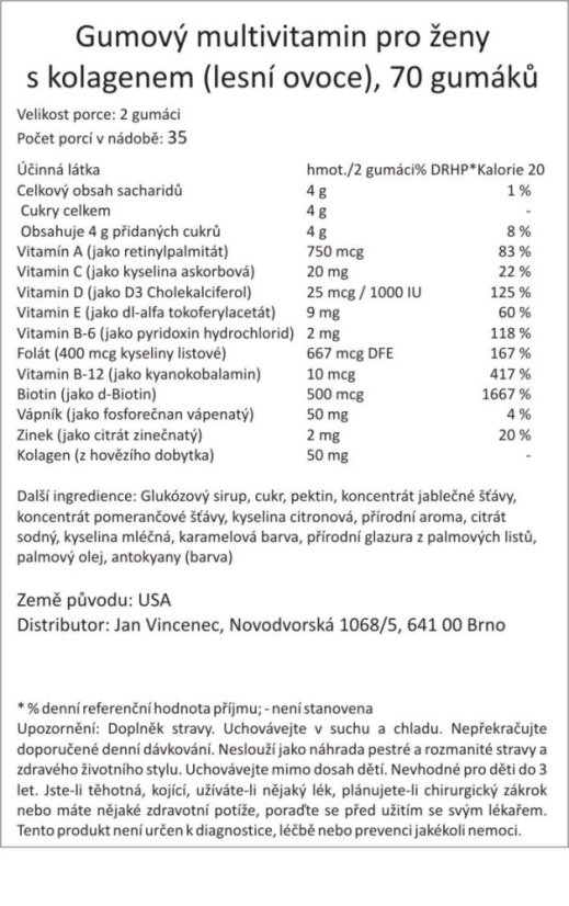 Gumový multivitamin pro ženy s kolagenem (ovocná příchuť), 70 gumáků